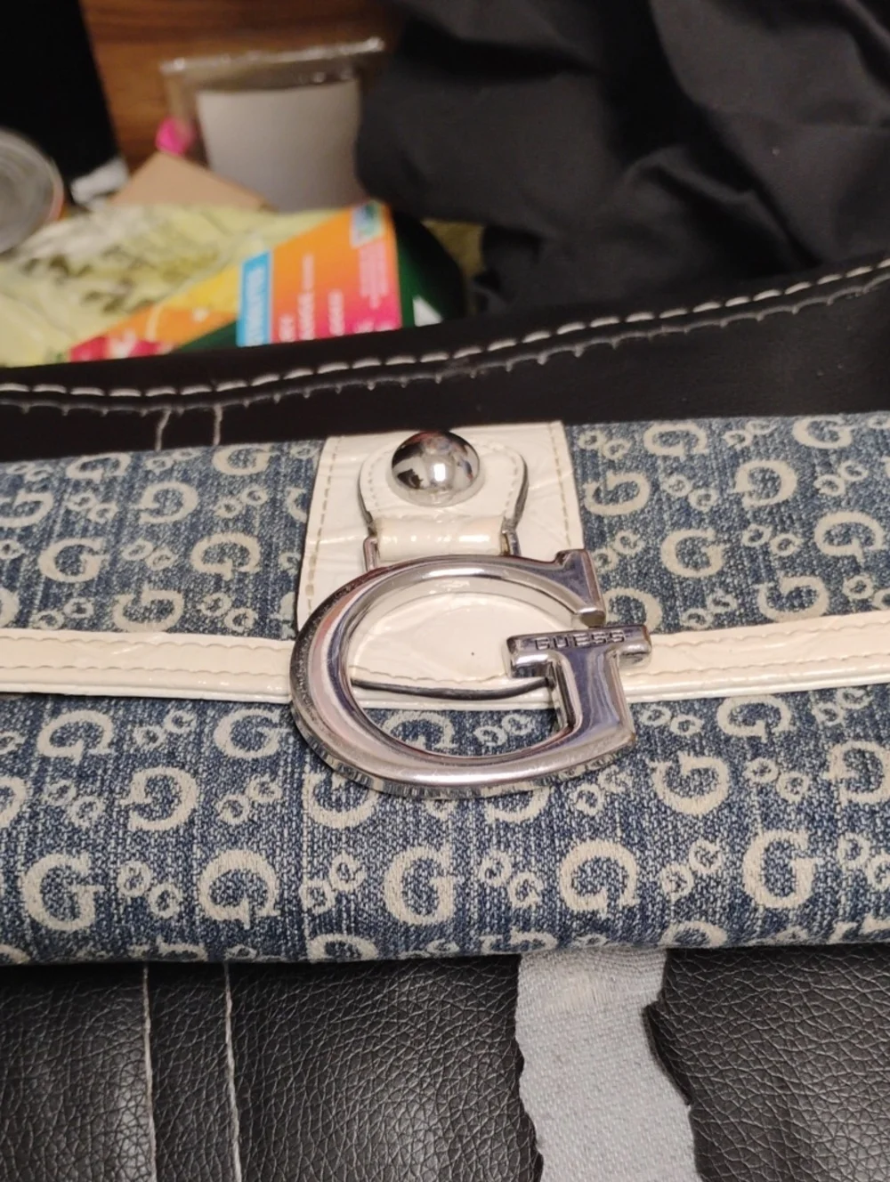 VINTAGE GUESS MONOGRAM DENIM TRIFOLD FLAP WALLET GREAT CONDITION